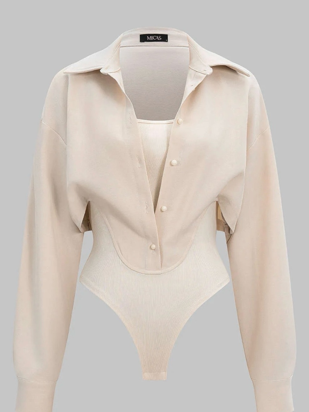Micas Cream Button-Front Bodysuit Shirt